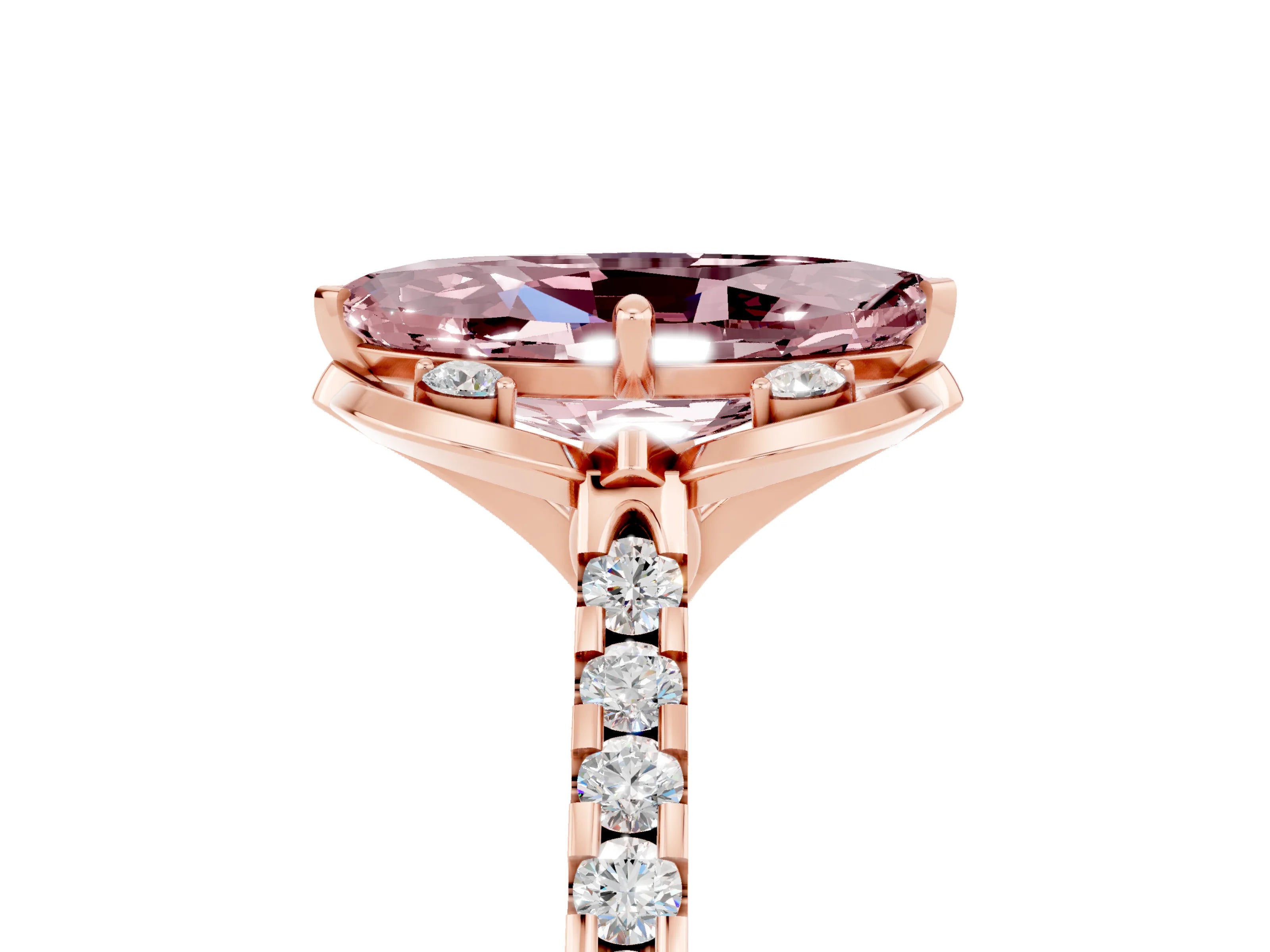 Rose gold Marquise Cut Morganite Ring with Pavé Band and Floral Prong Setting_5