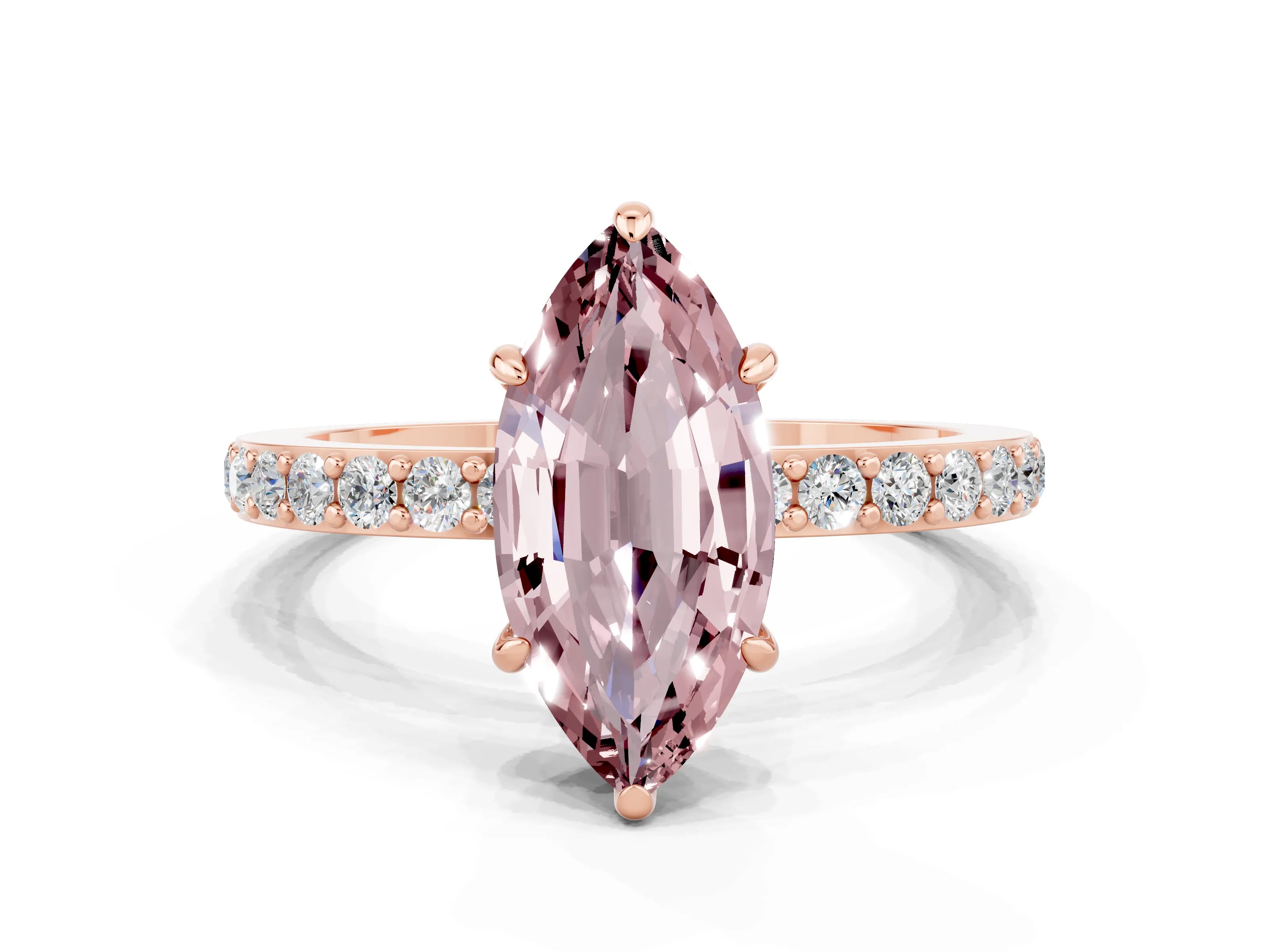 Rose gold Marquise Cut Morganite Ring with Pavé Band and Four-Prong Setting