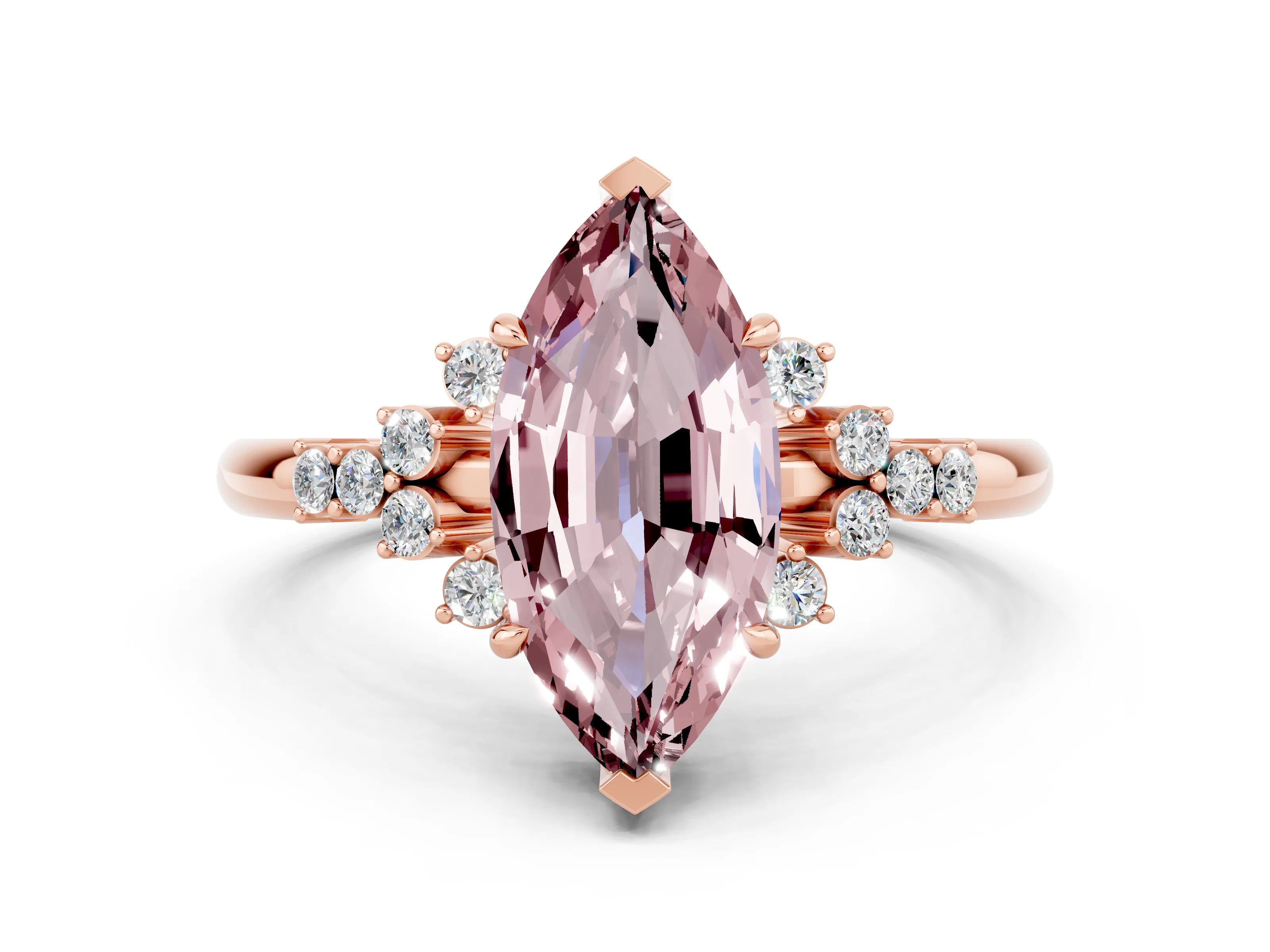 Rose gold Marquise Cut Morganite Ring with Side Stones and Four-Prong Setting_36