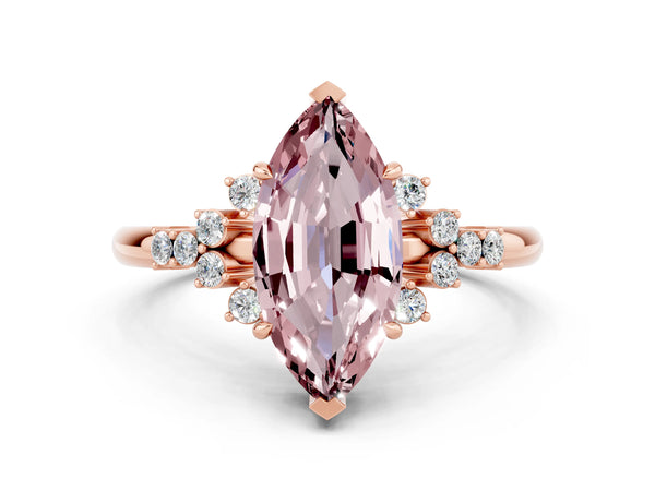 Rose gold Marquise Cut Morganite Ring with Side Stones and Four-Prong Setting