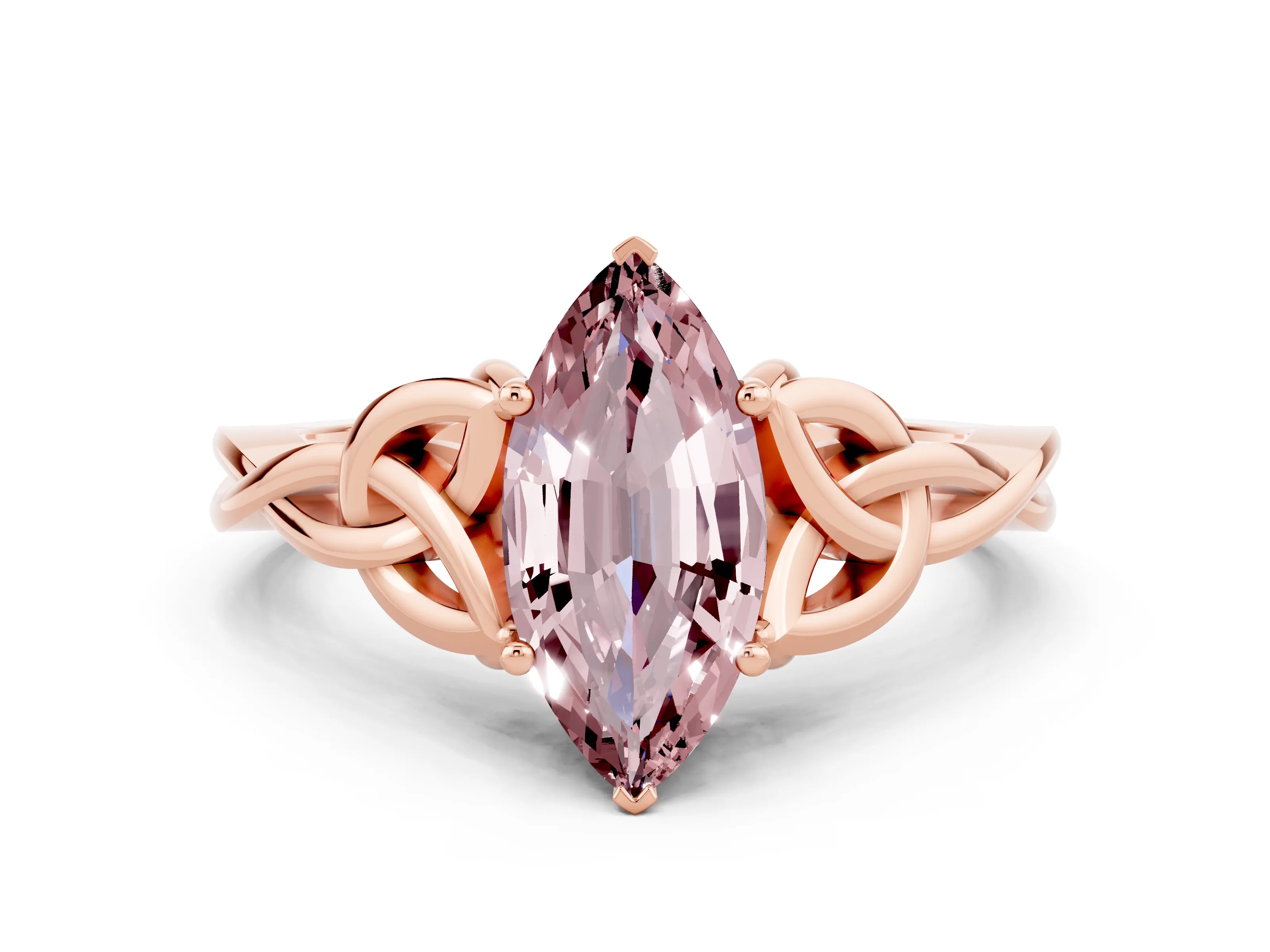 Rose gold Marquise Cut Morganite Solitaire Celtic Knot Ring with Four-Prong Setting_12