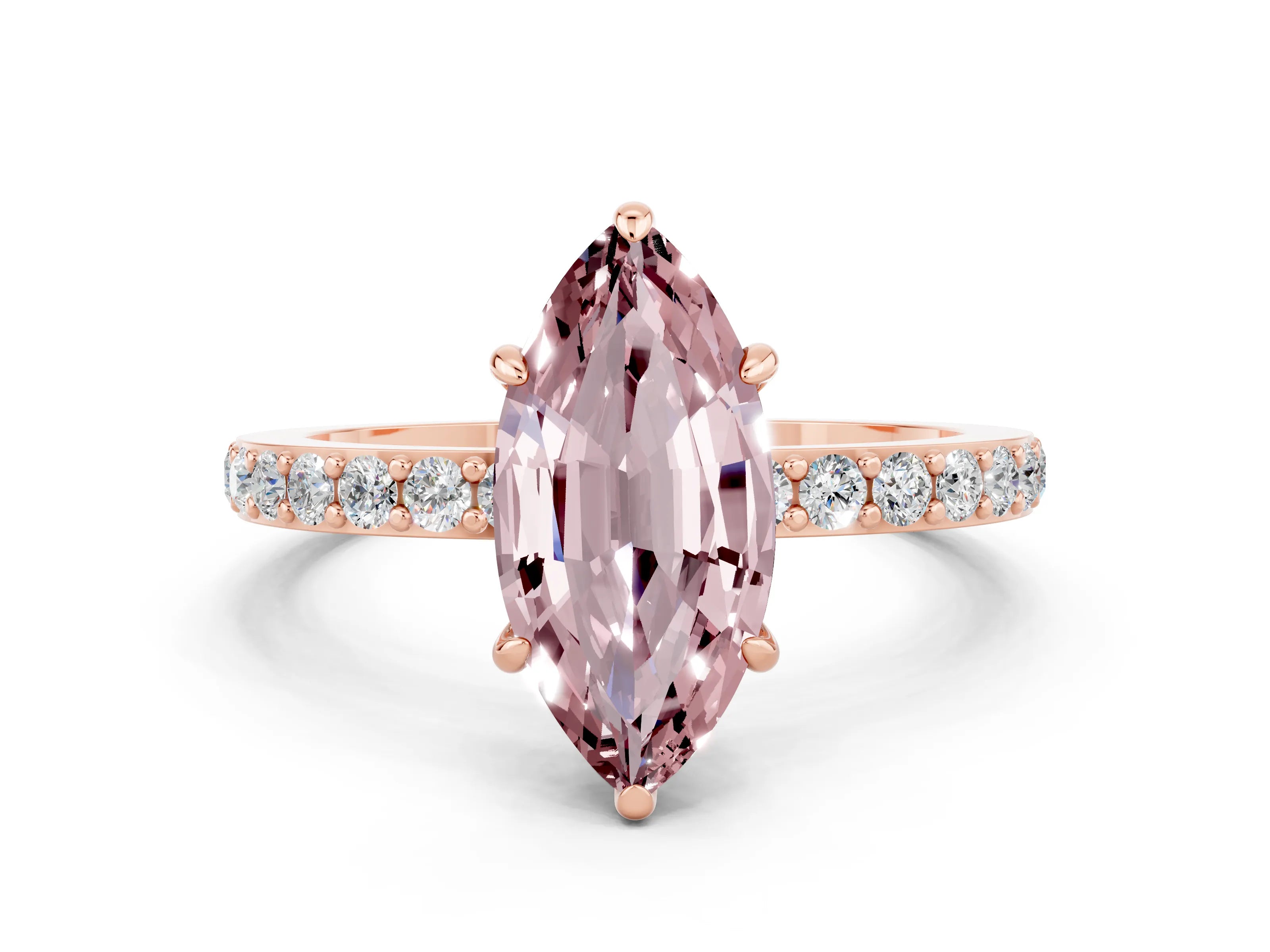 Rose gold Marquise Cut Morganite Solitaire Engagement Ring with Pavé Band and Four-Prong Setting