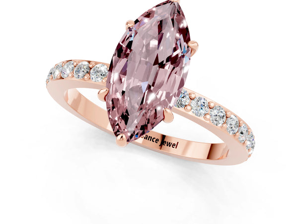 Rose gold Marquise Cut Morganite Solitaire Engagement Ring with Pavé Band and Four-Prong Setting