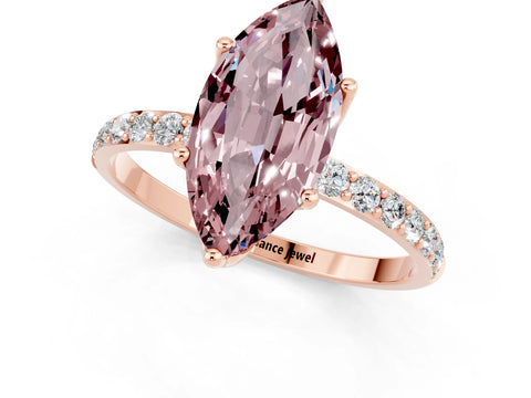 Rose gold Marquise Cut Morganite Solitaire Engagement Ring with Pavé Band and Prong Setting_1