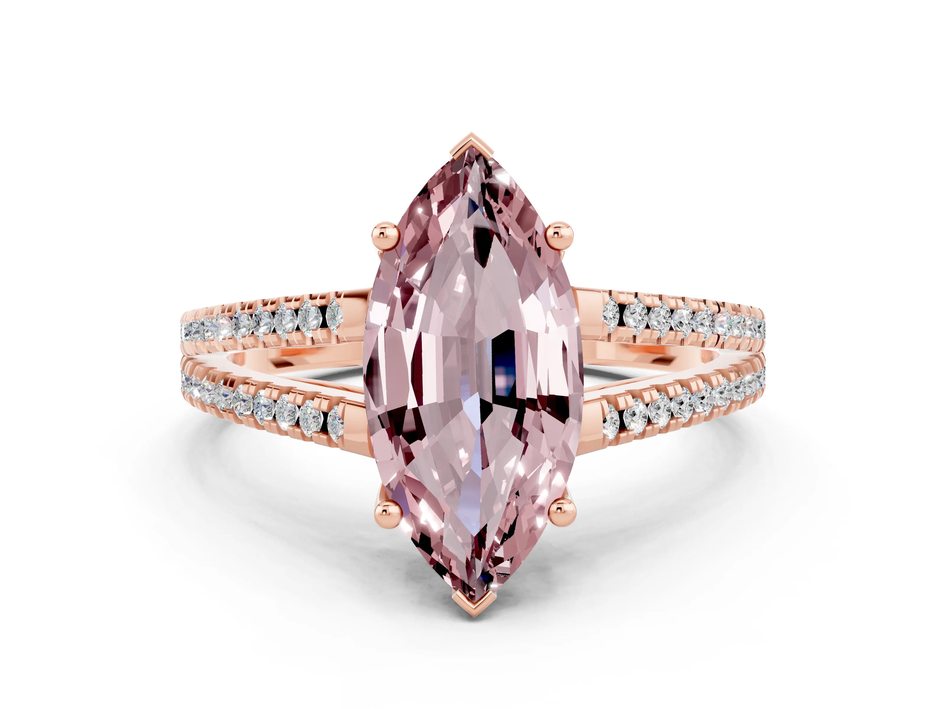 Rose gold Marquise Cut Morganite Solitaire Engagement Ring with Split Shank Pavé Band