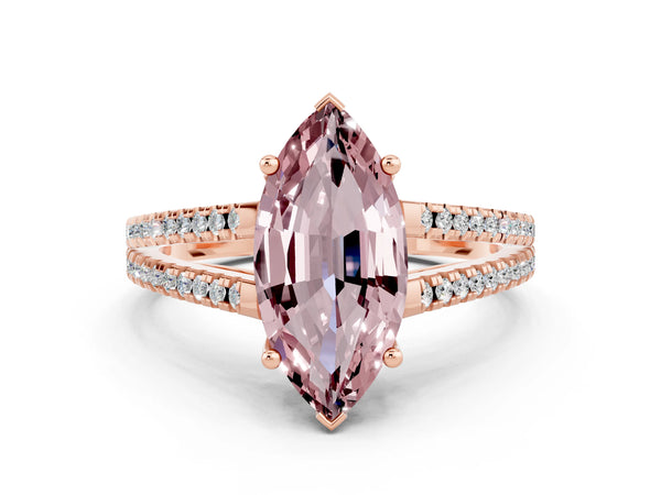 Rose gold Marquise Cut Morganite Solitaire Engagement Ring with Split Shank Pavé Band