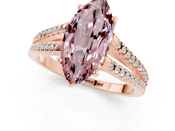 Rose gold Marquise Cut Morganite Solitaire Engagement Ring with Split Shank Pavé Band