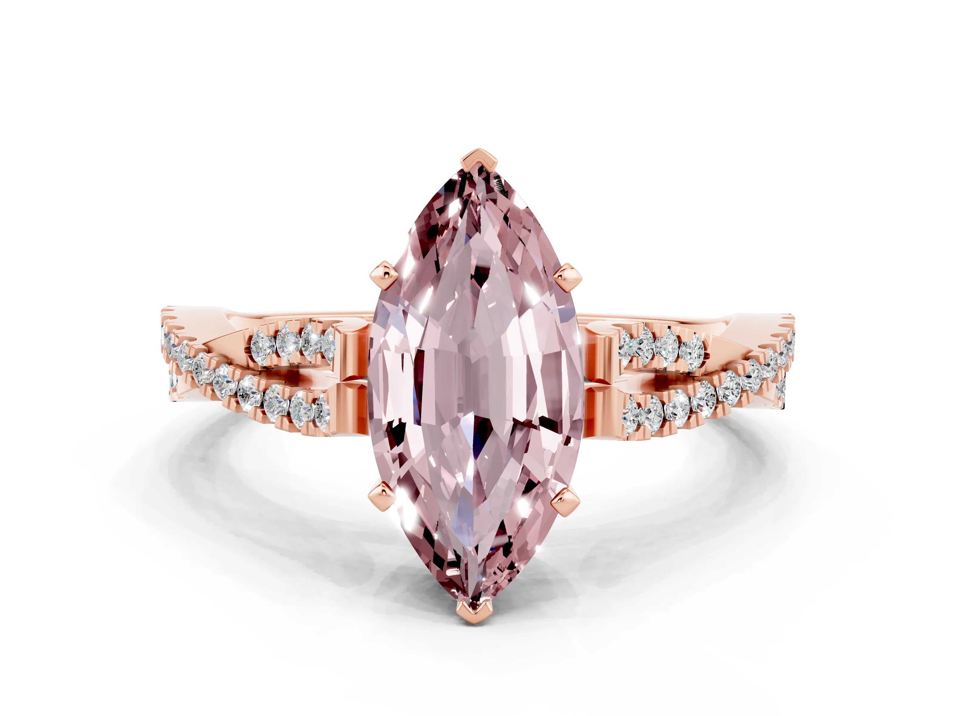 Rose gold Marquise Cut Morganite Solitaire Engagement Ring with Twisted Pavé Band and Four-Prong Setting