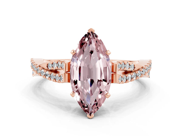 Rose gold Marquise Cut Morganite Solitaire Engagement Ring with Twisted Pavé Band and Four-Prong Setting