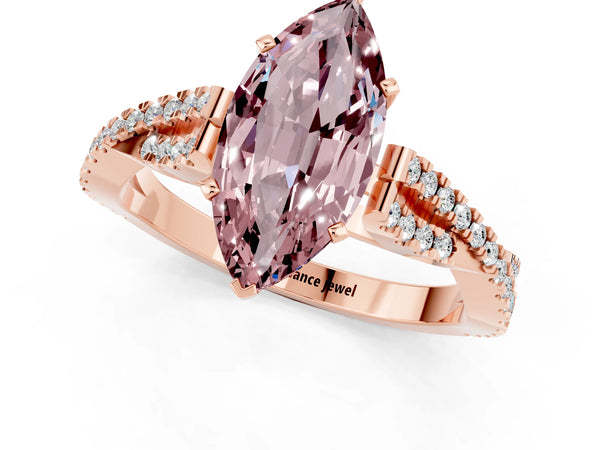 Rose gold Marquise Cut Morganite Solitaire Engagement Ring with Twisted Pavé Band and Four-Prong Setting