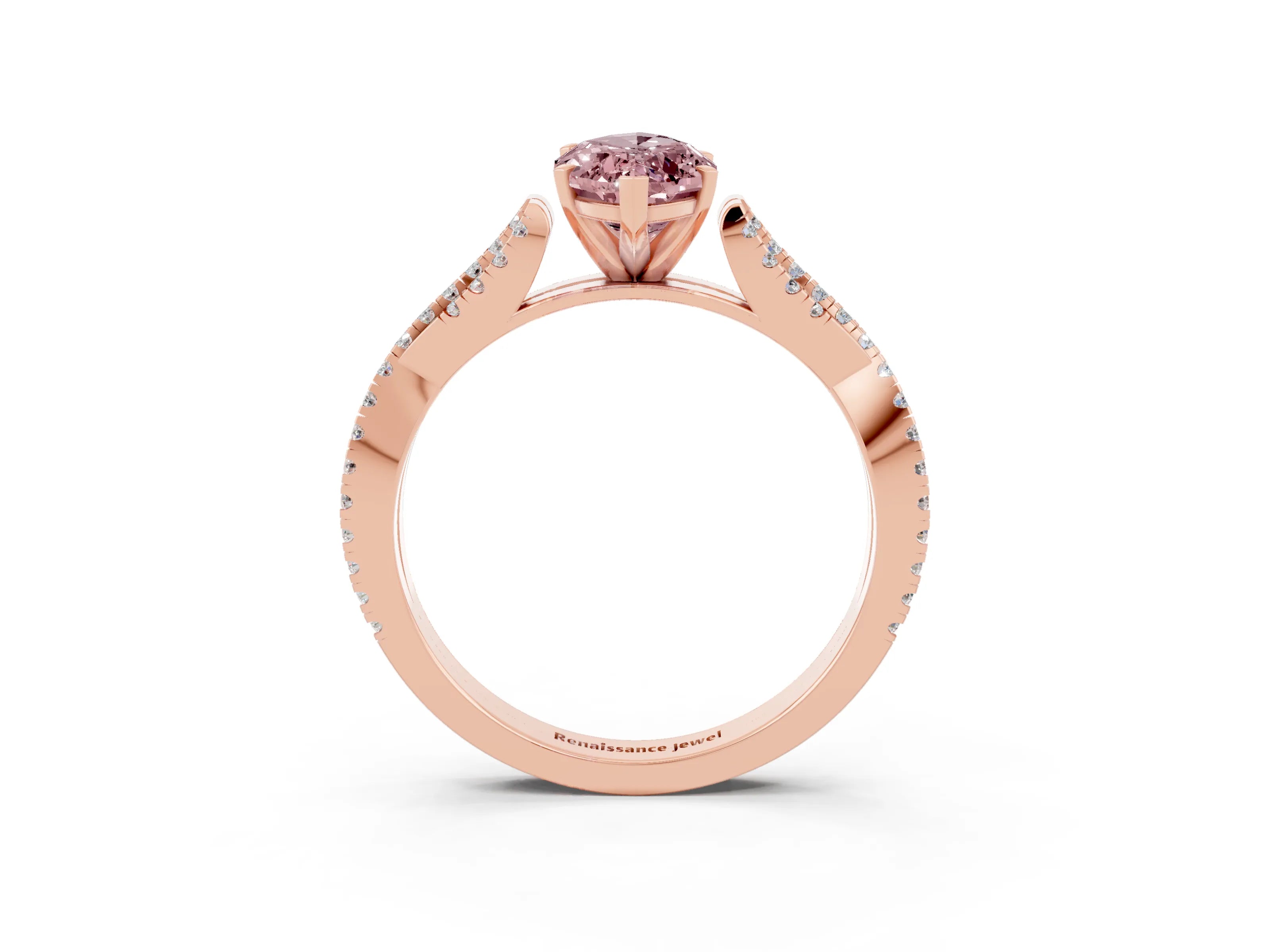 Rose gold Marquise Cut Morganite Solitaire Engagement Ring with Twisted Pavé Band and Four-Prong Setting_3