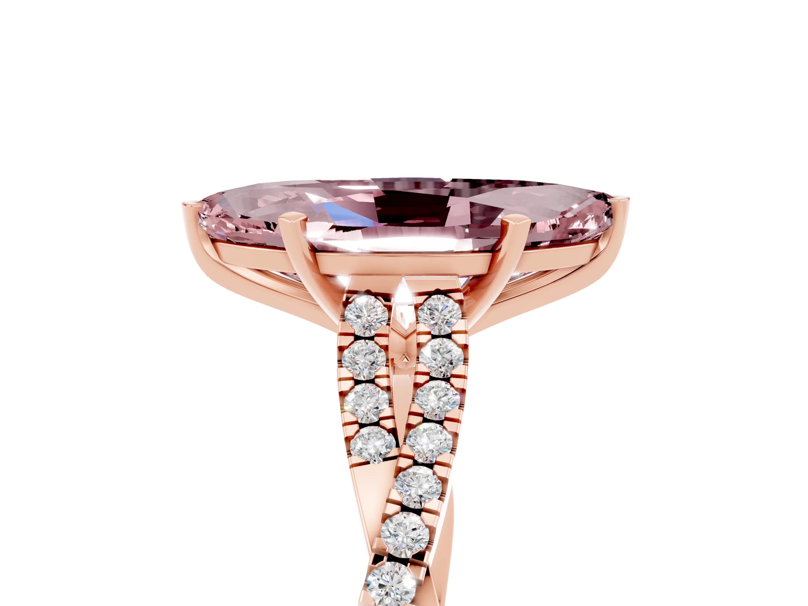 Rose gold Marquise Cut Morganite Solitaire Engagement Ring with Twisted Pavé Band and Four-Prong Setting_5