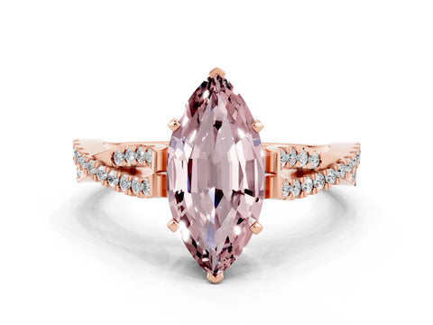 Rose gold Marquise Cut Morganite Solitaire Engagement Ring with Twisted Pavé Band and Four-Prong Setting