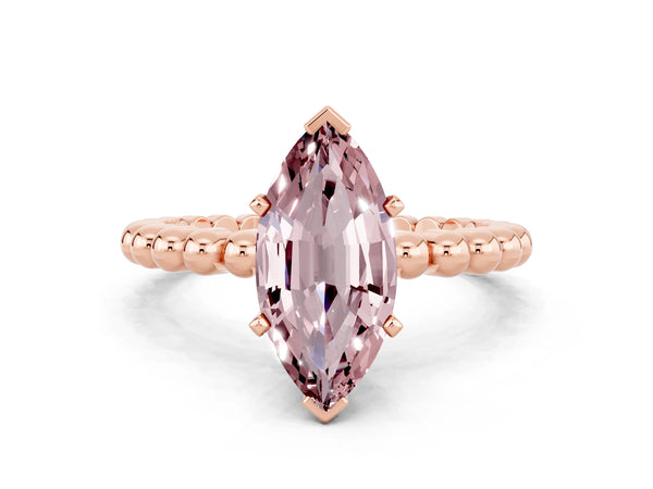 Rose gold Marquise Cut Morganite Solitaire Ring with Beaded Band and Prong Setting