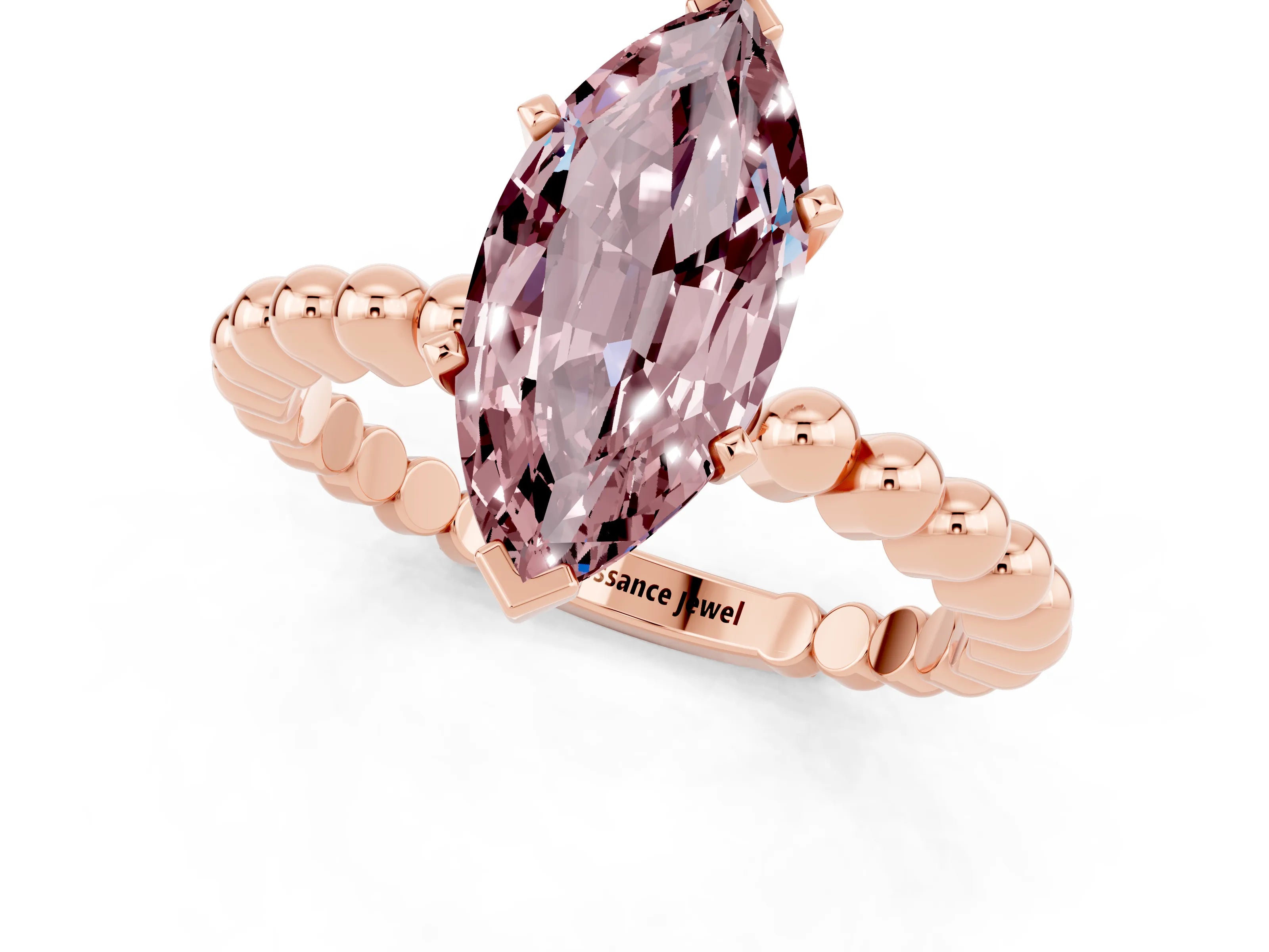 Rose gold Marquise Cut Morganite Solitaire Ring with Beaded Band and Prong Setting_1