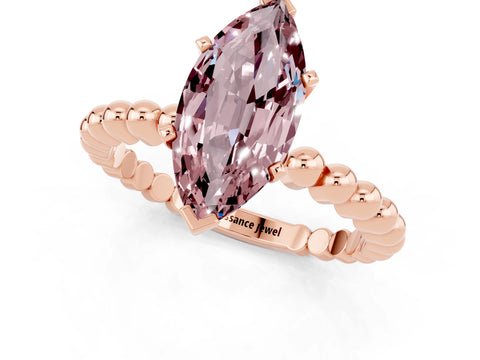 Rose gold Marquise Cut Morganite Solitaire Ring with Beaded Band and Prong Setting_1