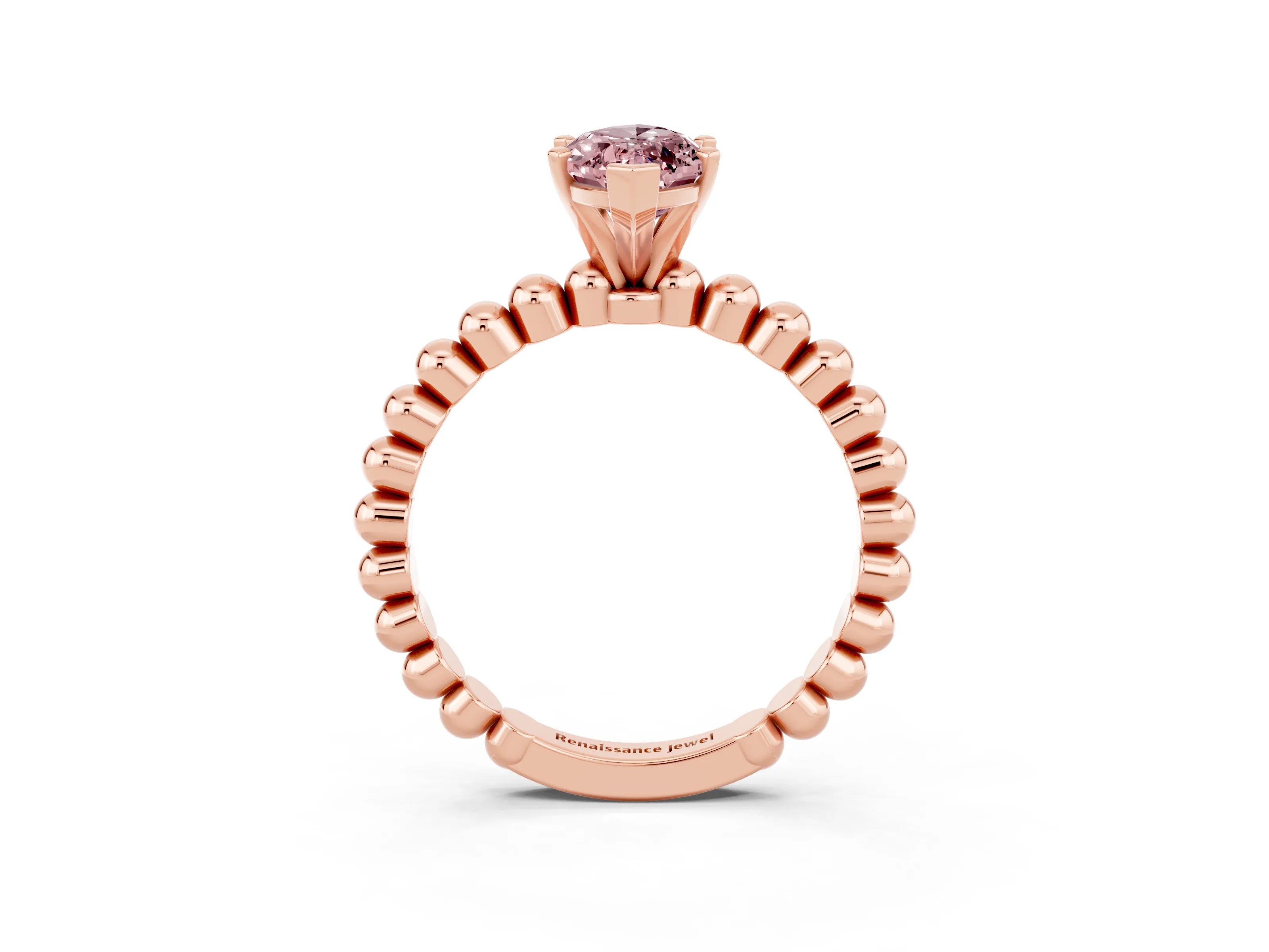Rose gold Marquise Cut Morganite Solitaire Ring with Beaded Band and Prong Setting_3