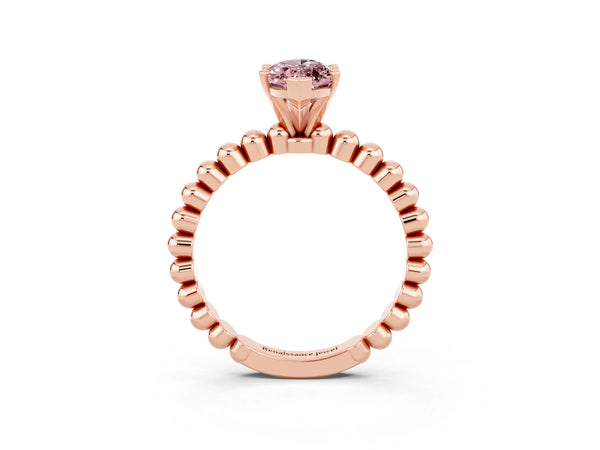 Rose gold Marquise Cut Morganite Solitaire Ring with Beaded Band and Prong Setting