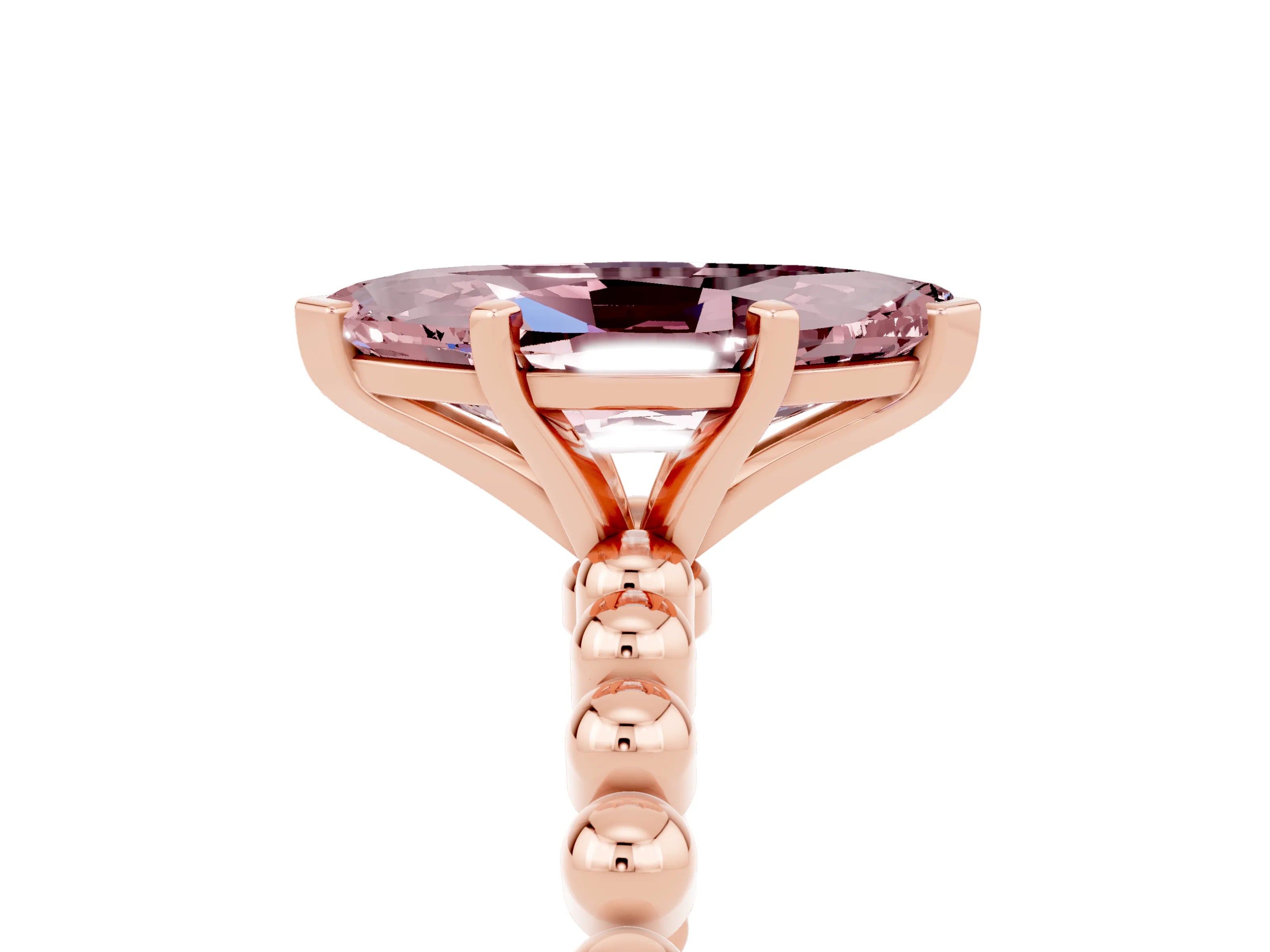 Rose gold Marquise Cut Morganite Solitaire Ring with Beaded Band and Prong Setting_5