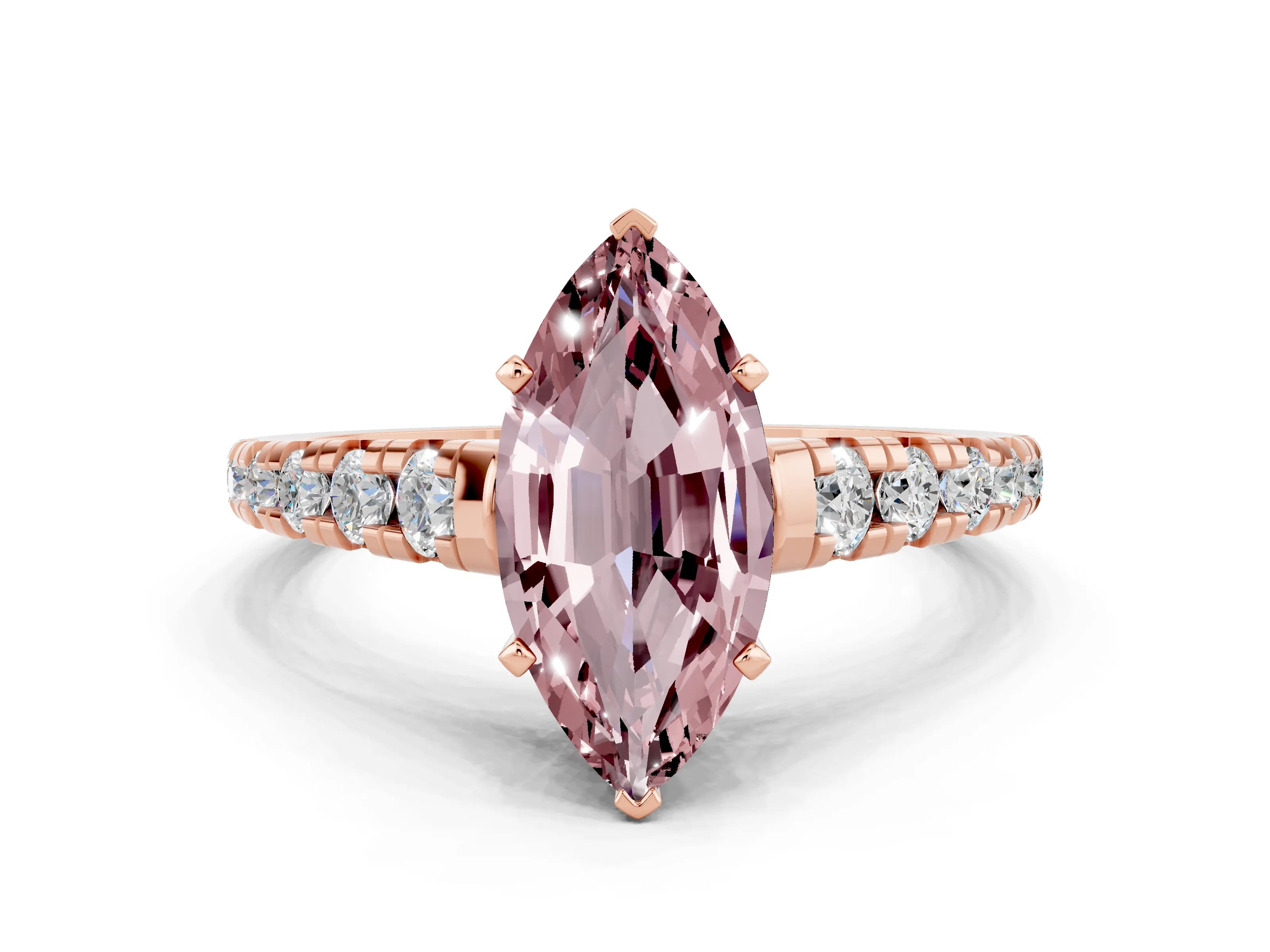 Rose gold Marquise Cut Morganite Solitaire Ring with Cathedral Setting and Pavé Band
