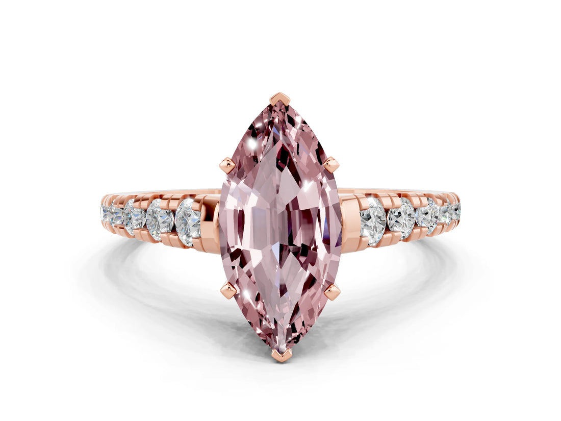 Rose gold Marquise Cut Morganite Solitaire Ring with Cathedral Setting and Pavé Band