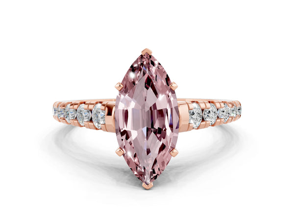 Rose gold Marquise Cut Morganite Cathedral Solitaire Ring with Round  Pavé Band