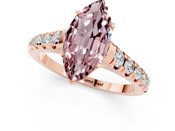 Rose gold Marquise Cut Morganite Cathedral Solitaire Ring with Round  Pavé Band