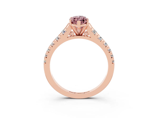 Rose gold Marquise Cut Morganite Cathedral Solitaire Ring with Round  Pavé Band
