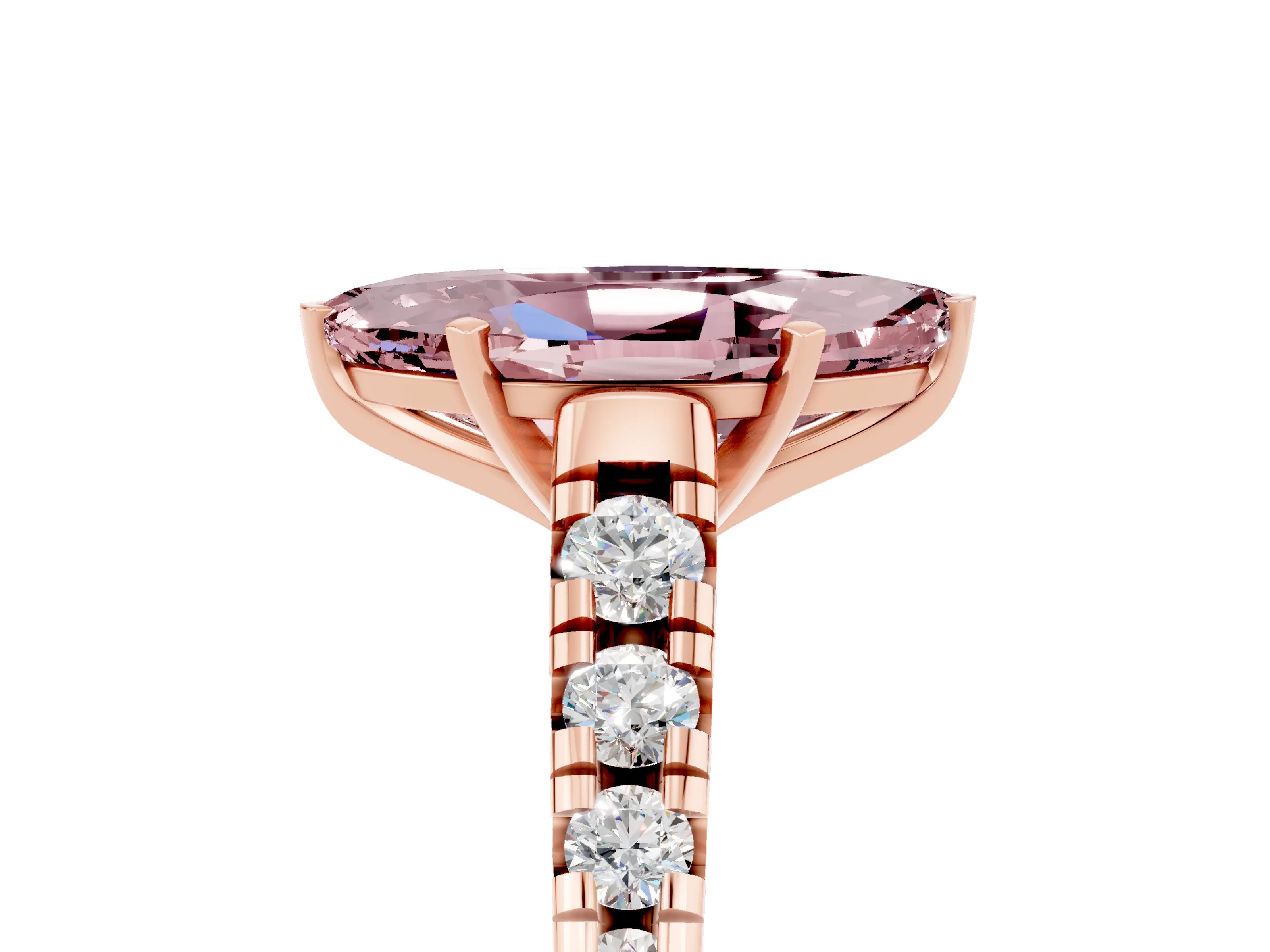Rose gold Marquise Cut Morganite Solitaire Ring with Cathedral Setting and Pavé Band_5