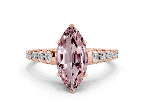 Rose gold Marquise Cut Morganite Solitaire Ring with Cathedral Setting and Pavé Band
