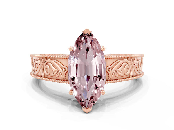 Rose gold Marquise Cut Morganite Solitaire Ring with Engraved Band and Four-Prong Setting
