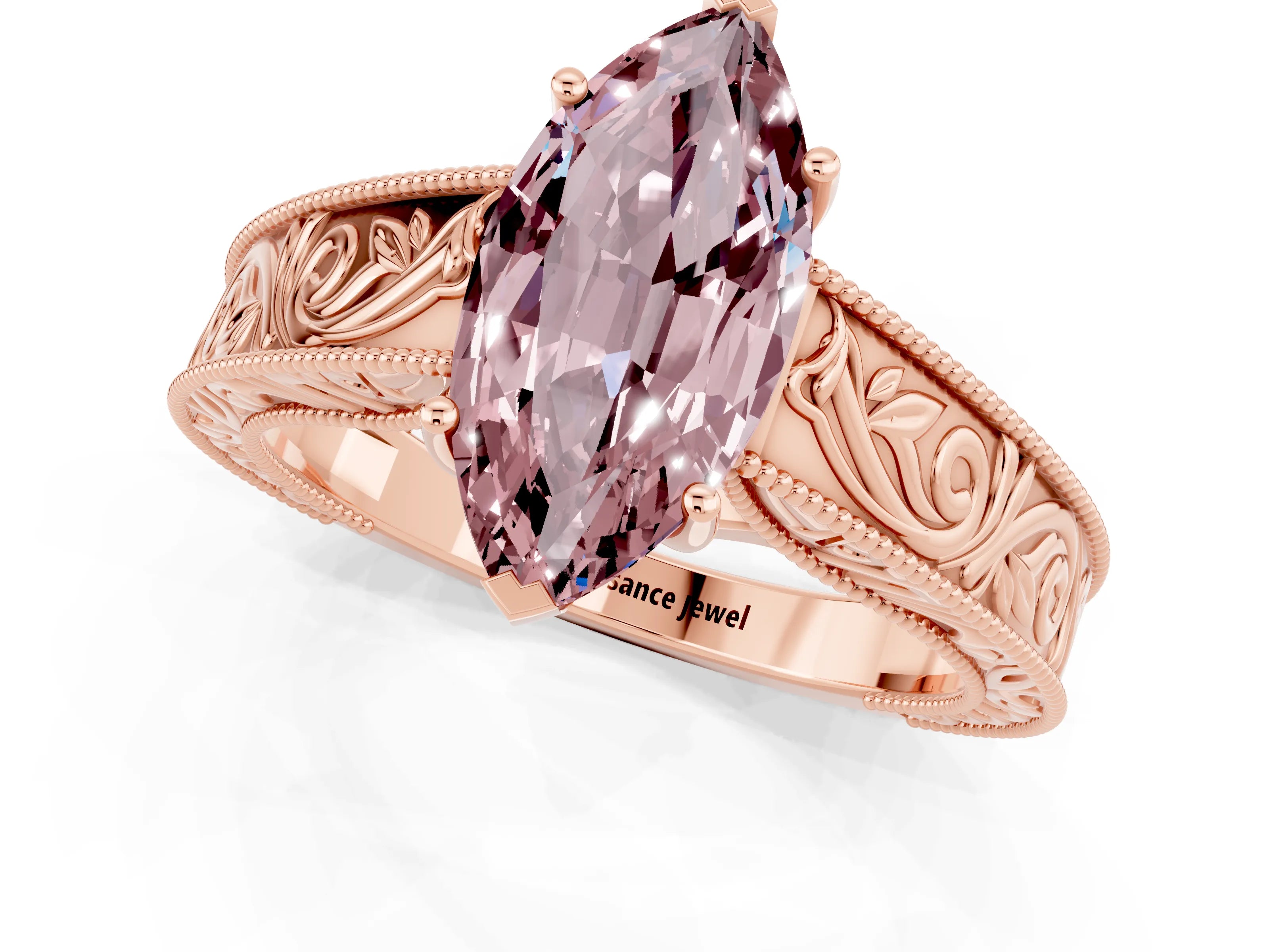 Rose gold Marquise Cut Morganite Solitaire Ring with Engraved Band and Four-Prong Setting_1