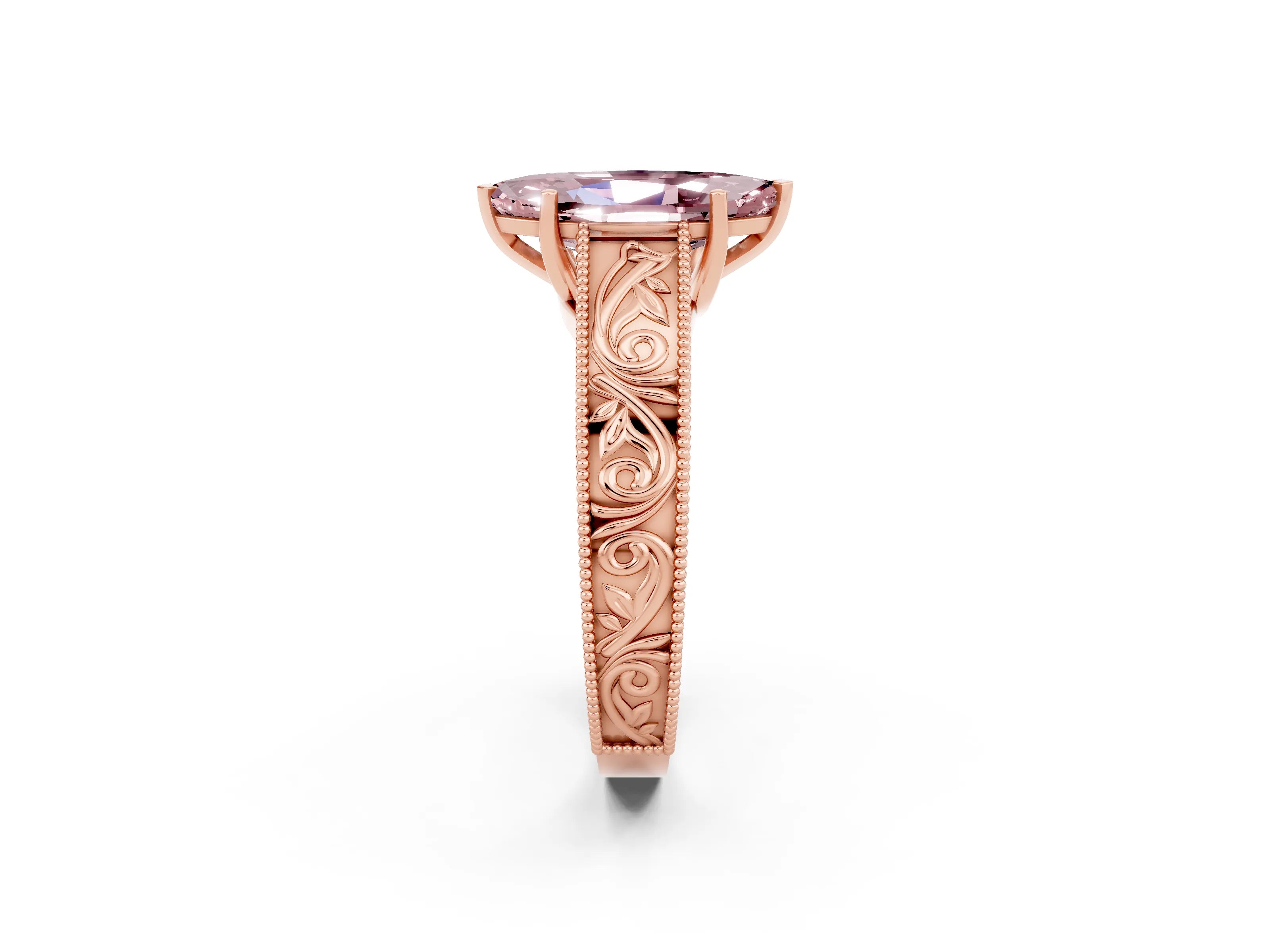 Rose gold Marquise Cut Morganite Solitaire Ring with Engraved Band and Four-Prong Setting_2