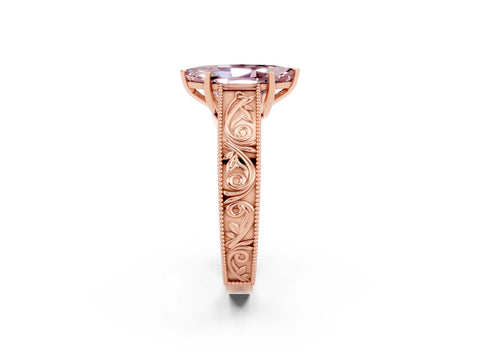 Rose gold Marquise Cut Morganite Solitaire Ring with Engraved Band and Four-Prong Setting_2