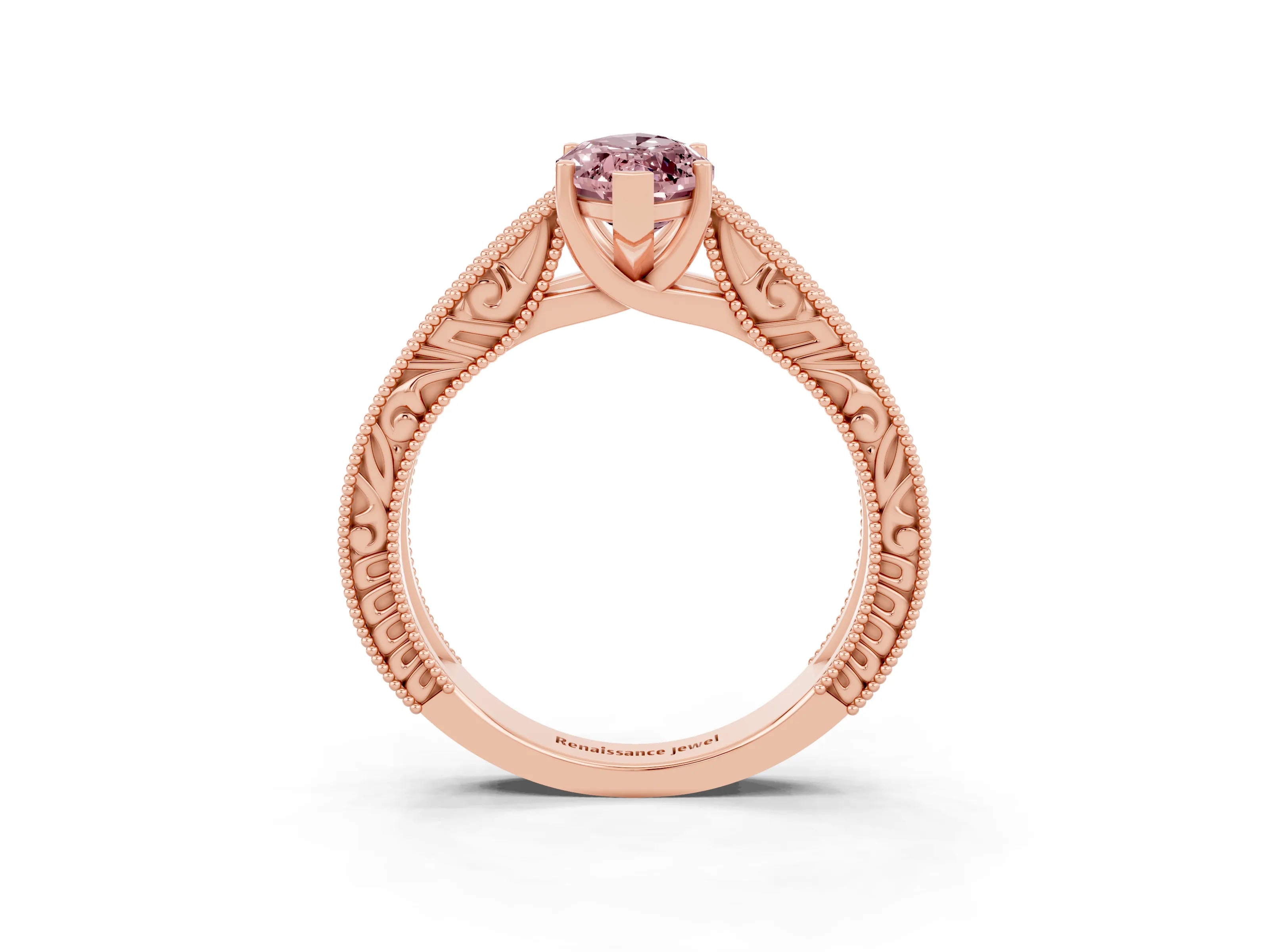 Rose gold Marquise Cut Morganite Solitaire Ring with Engraved Band and Four-Prong Setting_3