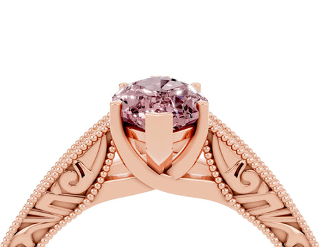 Rose gold Marquise Cut Morganite Solitaire Ring with Engraved Band and Four-Prong Setting_4
