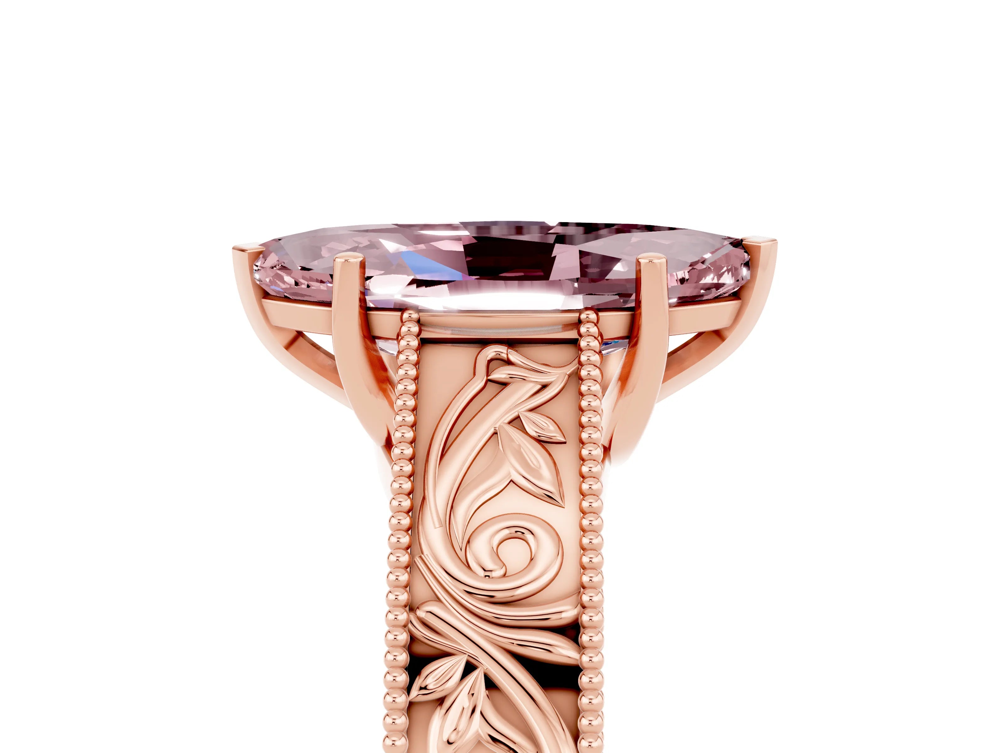Rose gold Marquise Cut Morganite Solitaire Ring with Engraved Band and Four-Prong Setting_5
