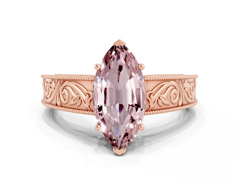 Rose gold Marquise Cut Morganite Solitaire Ring with Engraved Band and Four-Prong Setting