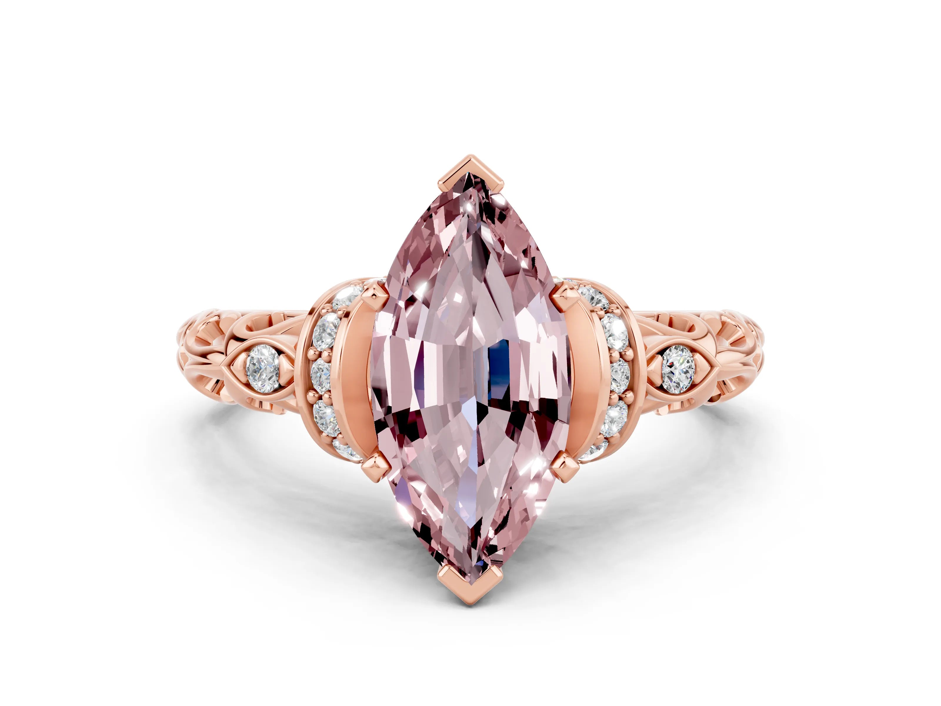 Rose gold Marquise Cut Morganite Solitaire Ring with Filigree Band and Four-Prong Setting_24
