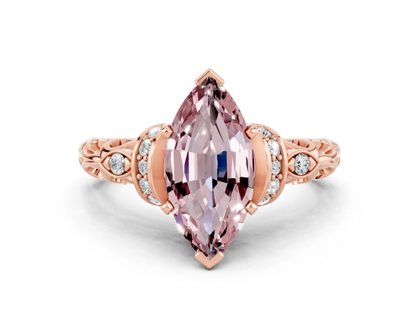 Rose gold Marquise Cut Morganite Solitaire Ring with Filigree Band and Four-Prong Setting