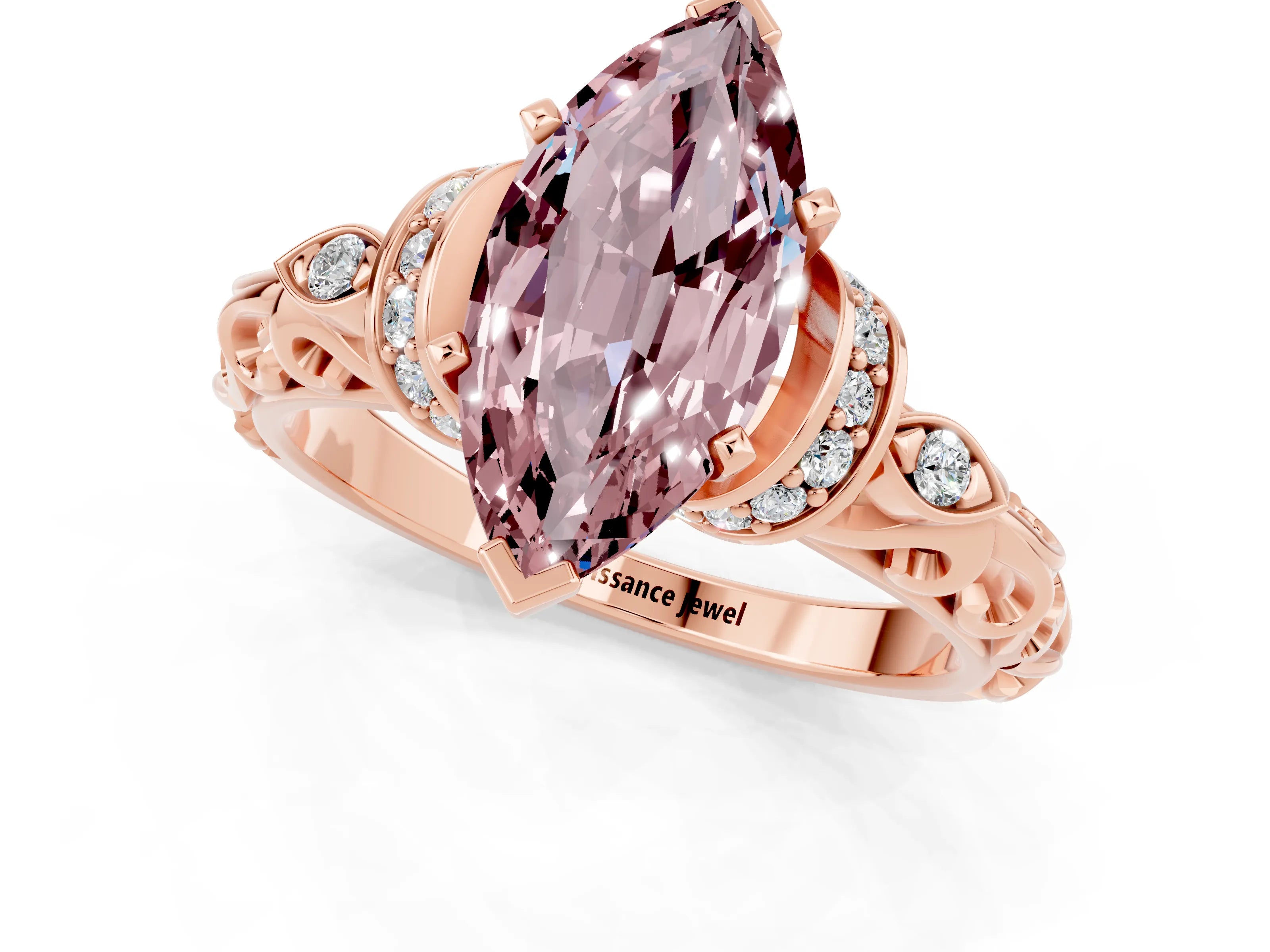 Rose gold Marquise Cut Morganite Solitaire Ring with Filigree Band and Four-Prong Setting_25