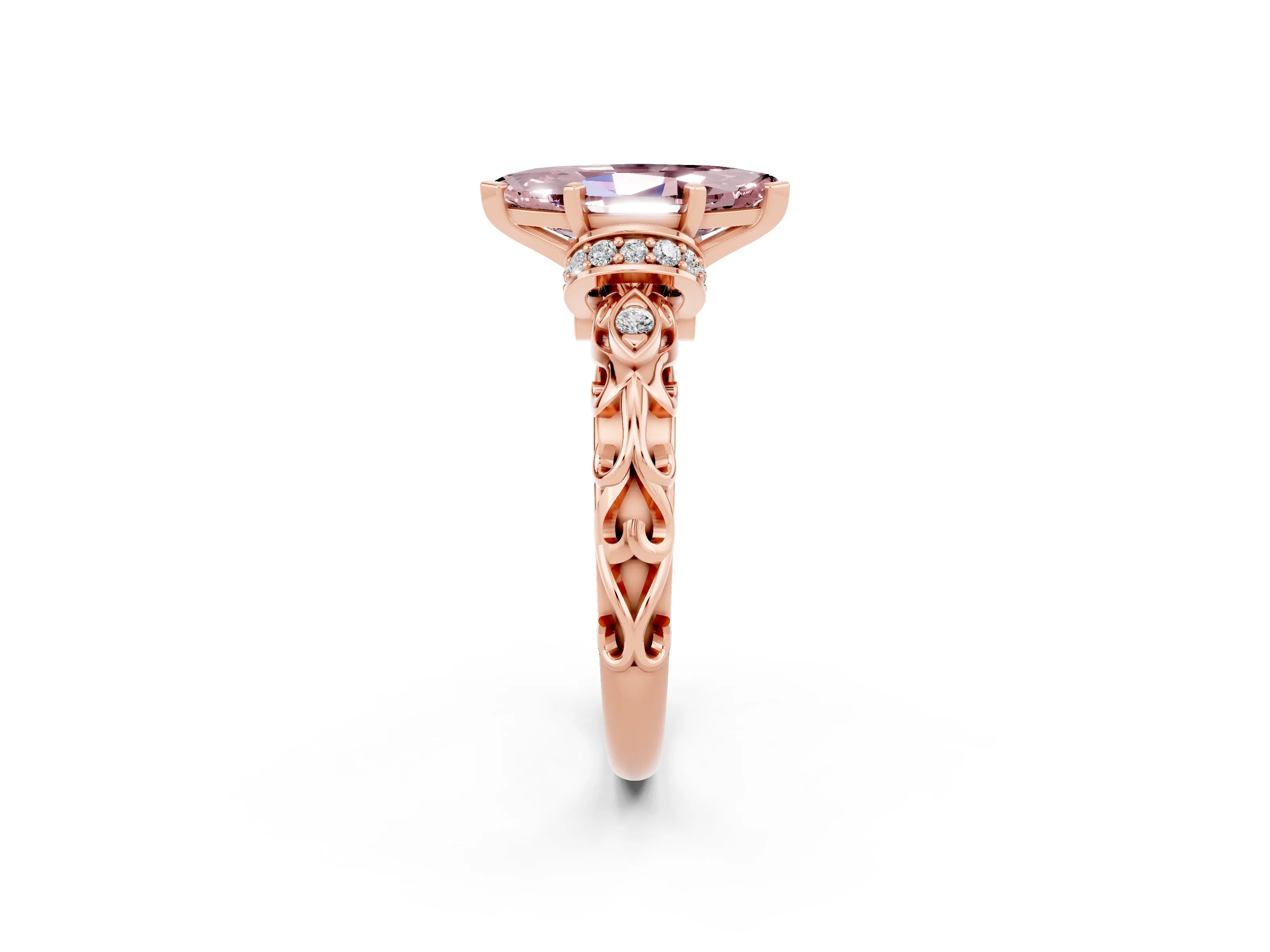 Rose gold Marquise Cut Morganite Solitaire Ring with Filigree Band and Four-Prong Setting_26