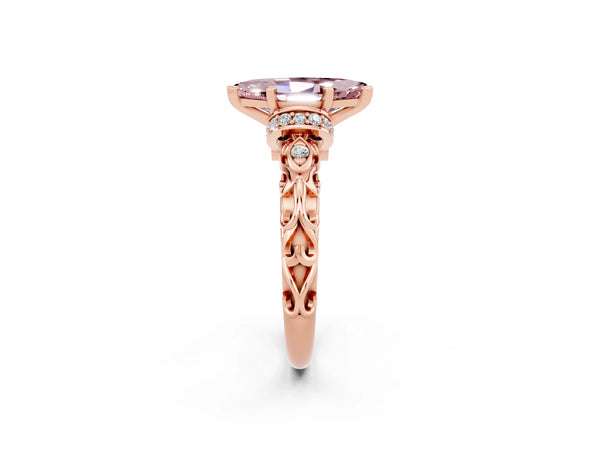 Rose gold Marquise Cut Morganite Solitaire Ring with Filigree Band and Four-Prong Setting