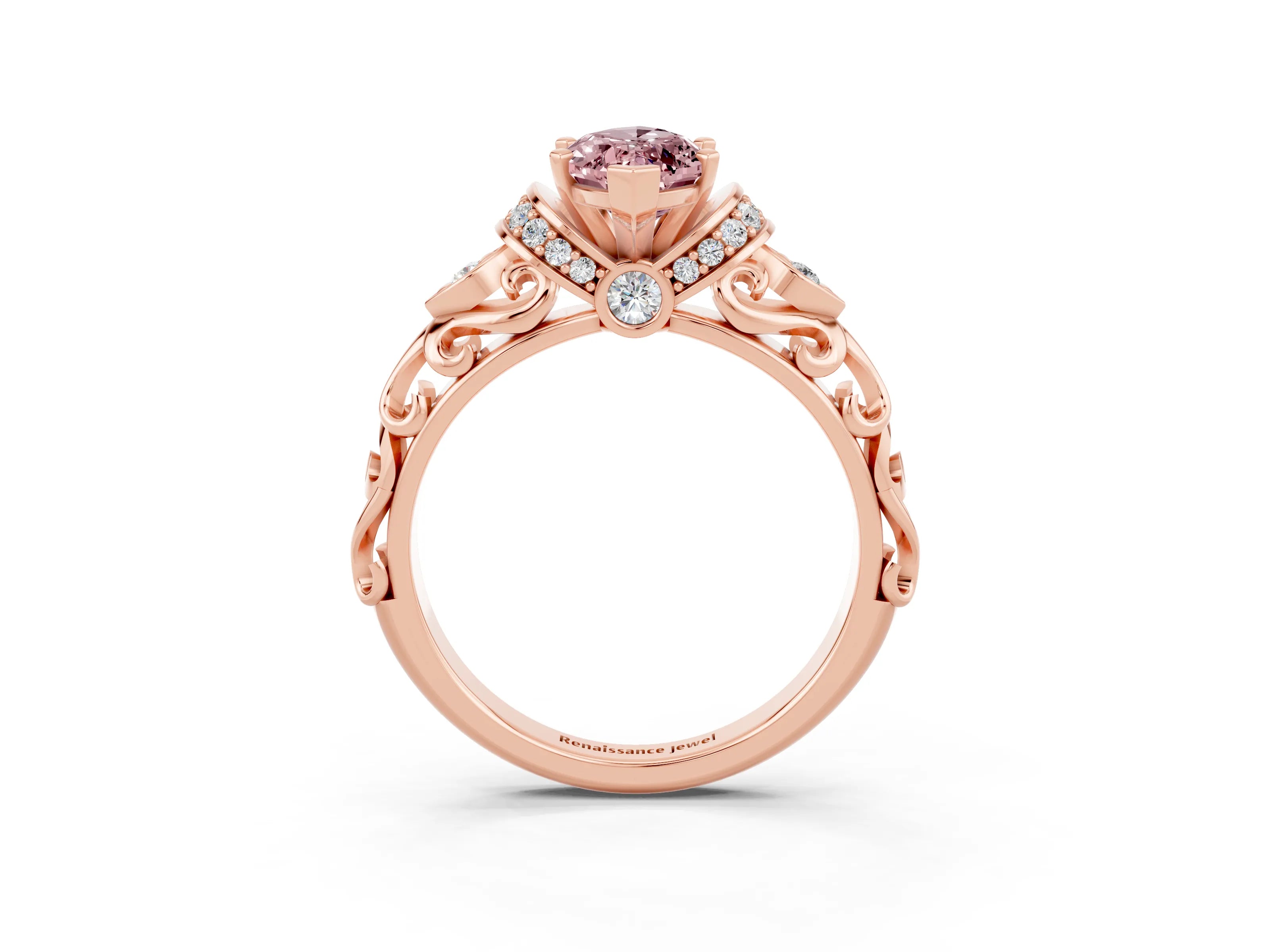 Rose gold Marquise Cut Morganite Solitaire Ring with Filigree Band and Four-Prong Setting_27
