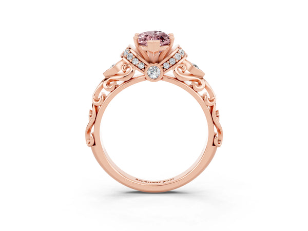 Rose gold Marquise Cut Morganite Solitaire Ring with Filigree Band and Four-Prong Setting