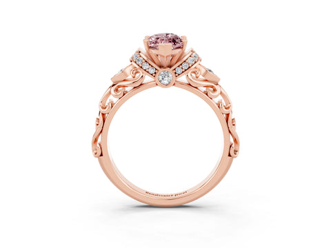 Rose gold Marquise Cut Morganite Solitaire Ring with Filigree Band and Four-Prong Setting_27