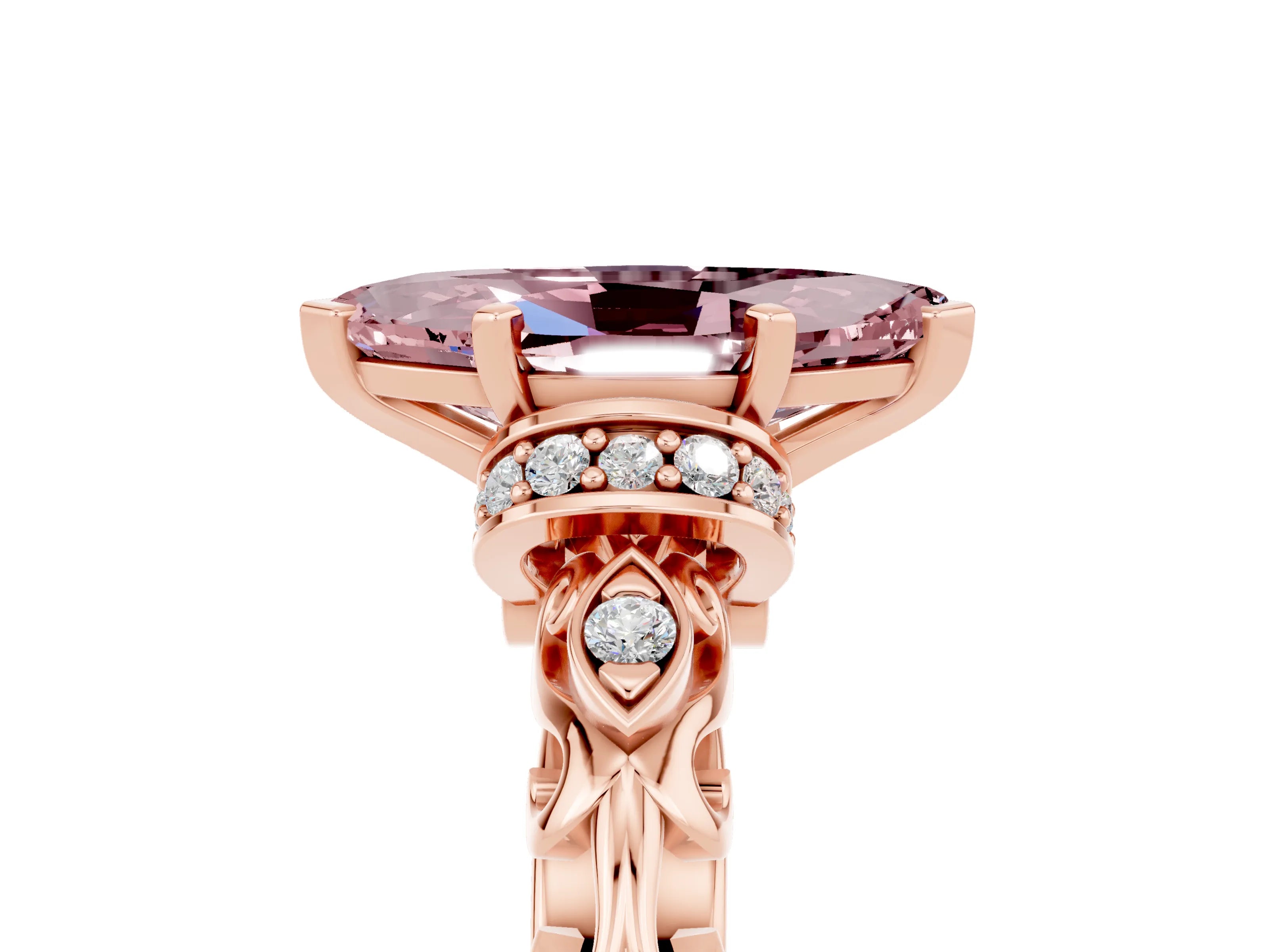 Rose gold Marquise Cut Morganite Solitaire Ring with Filigree Band and Four-Prong Setting_29