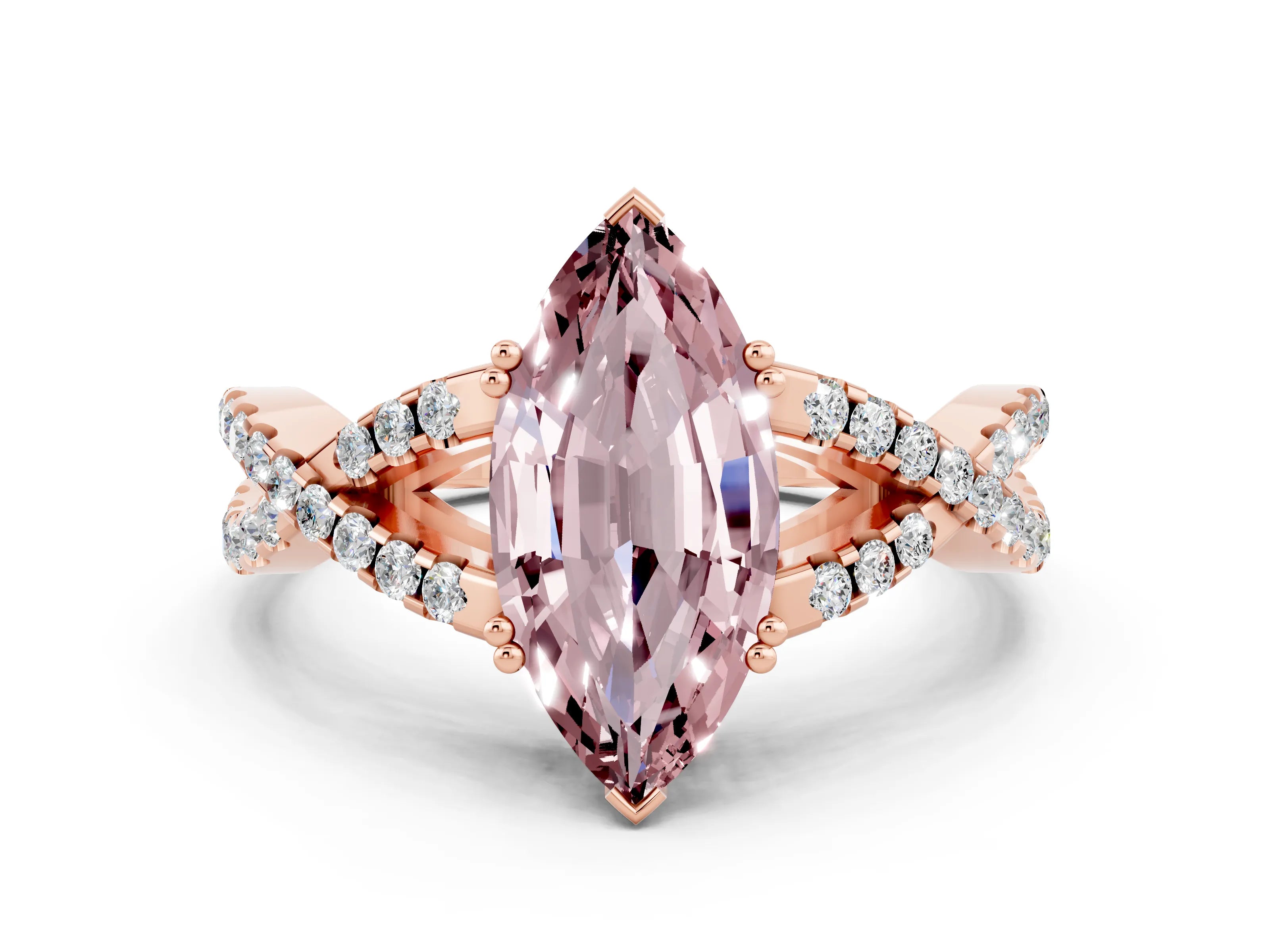 Rose gold Marquise Cut Morganite Solitaire Ring with Four-Prong Setting and Twisted Pavé Band