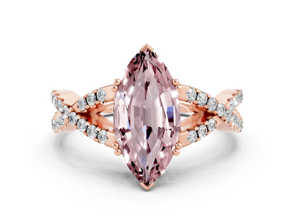 Rose gold Marquise Cut Morganite Solitaire Ring with Four-Prong Setting and Twisted Pavé Band
