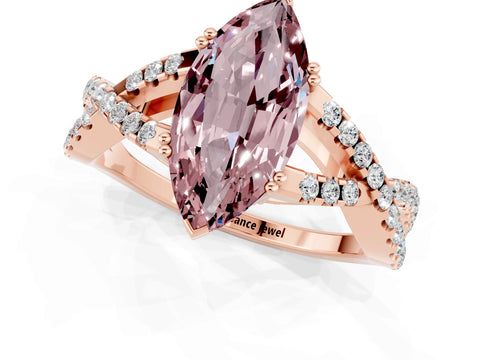 Rose gold Marquise Cut Morganite Solitaire Ring with Four-Prong Setting and Twisted Pavé Band_1